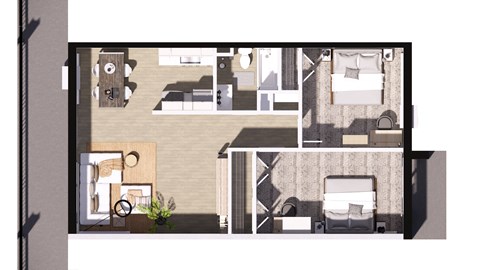 A floor plan of a house with a kitchen, living room, and two bedrooms.